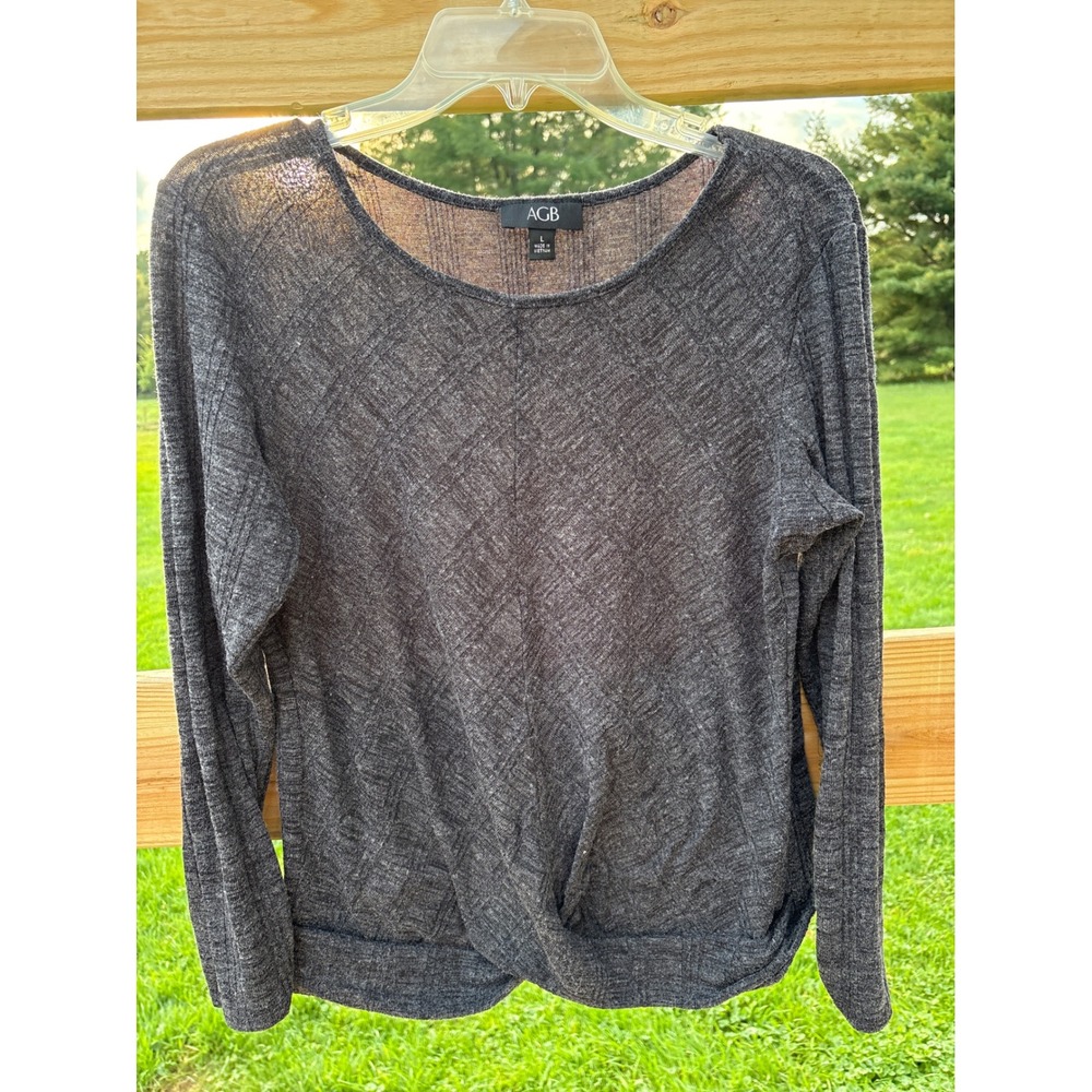 AGB Womens Large Gray Twist Front Ribbed Long Sleeve Knit Top Soft